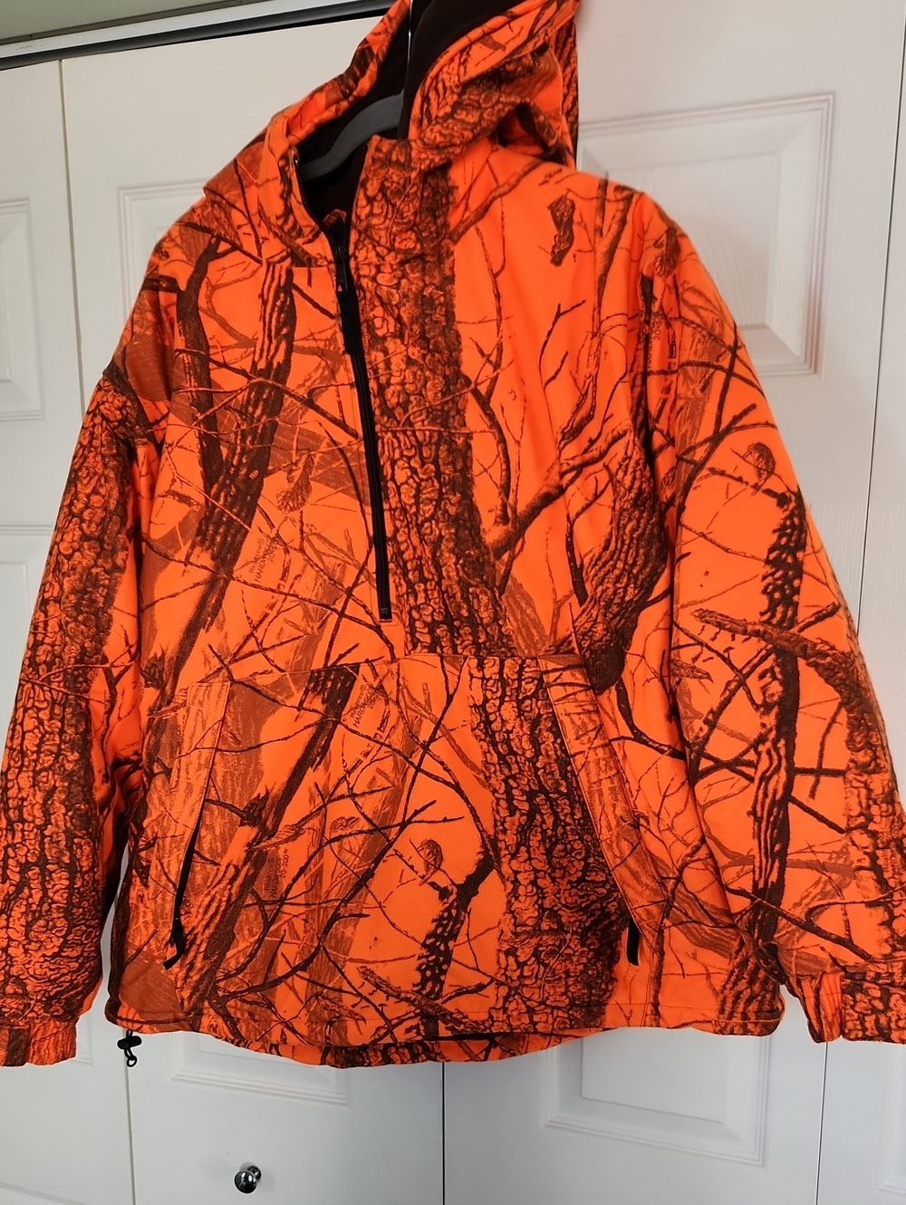 Mens Cabela's Orange and Brown Camo Hooded Puffer 1/2 Zip